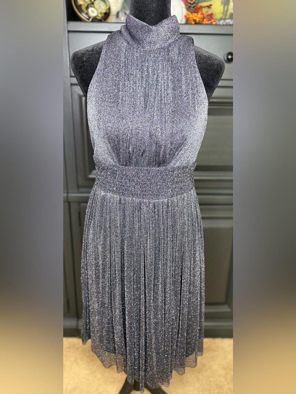 London Time black sleeveless metallic pleated flowy skirt semi formal chic 4 EC